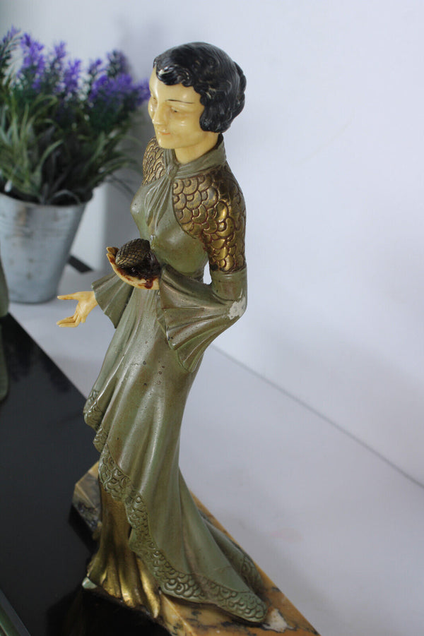 Antique art deco marble spelter lady goose bird sculpture statue