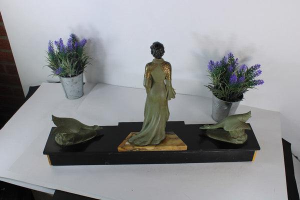 Antique art deco marble spelter lady goose bird sculpture statue