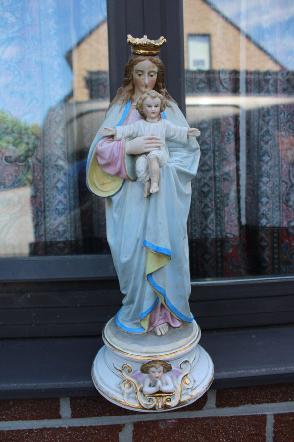 Antique Belgian vieux andenne porcelain bisque madonna angel statue rare
