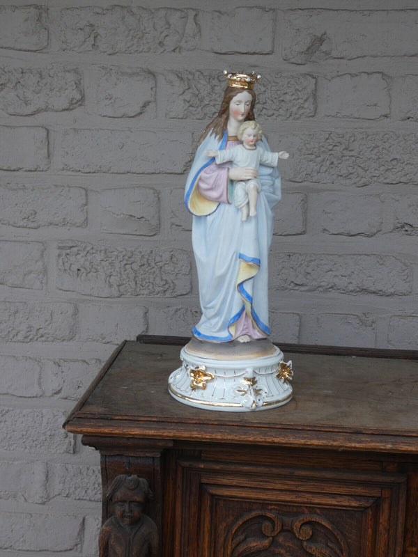 Antique Belgian vieux andenne bisque porcelain madonna mary jesus statue