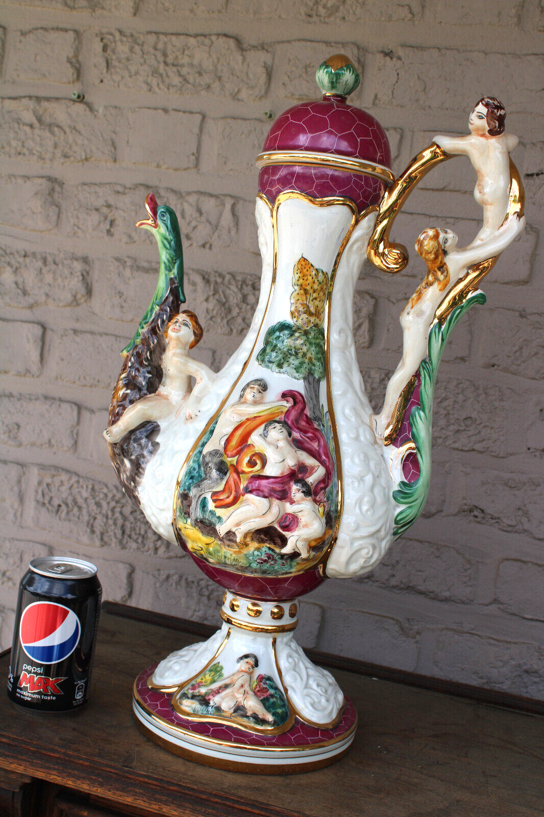 XL capodimonte porcelain marked pitcher ewer swan cherub putti figurine rare