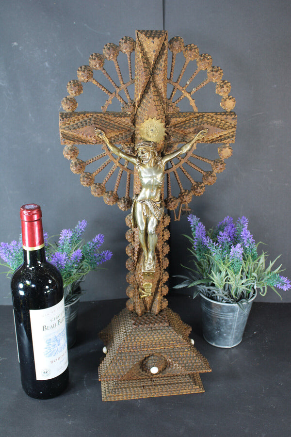 Antique Tramp art wood crucifix cross reliigous