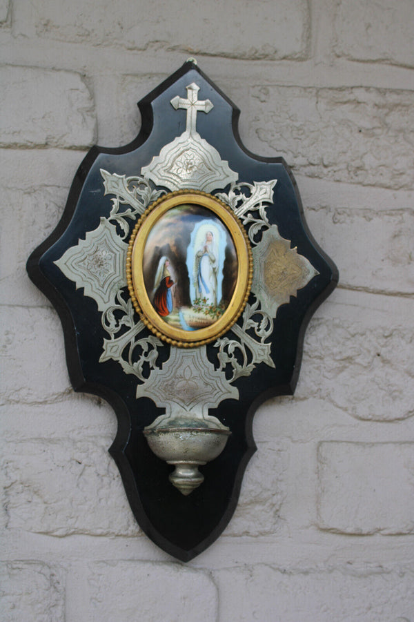 Antique LOURDES Bernadette porcelain medaillon marble plaque holy water font