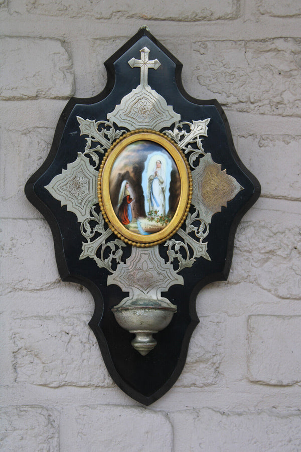 Antique LOURDES Bernadette porcelain medaillon marble plaque holy water font