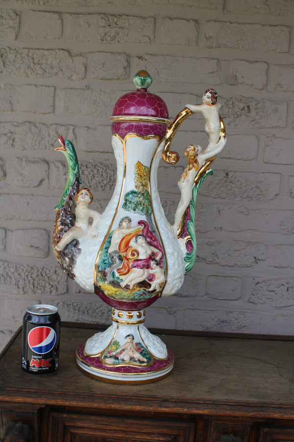 XL capodimonte porcelain marked pitcher ewer swan cherub putti figurine rare