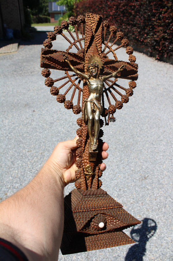 Antique Tramp art wood crucifix cross reliigous