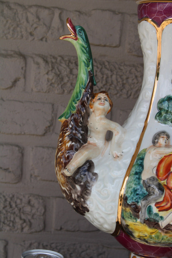 XL capodimonte porcelain marked pitcher ewer swan cherub putti figurine rare