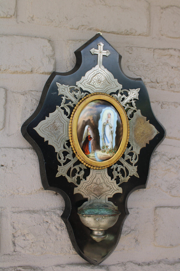 Antique LOURDES Bernadette porcelain medaillon marble plaque holy water font
