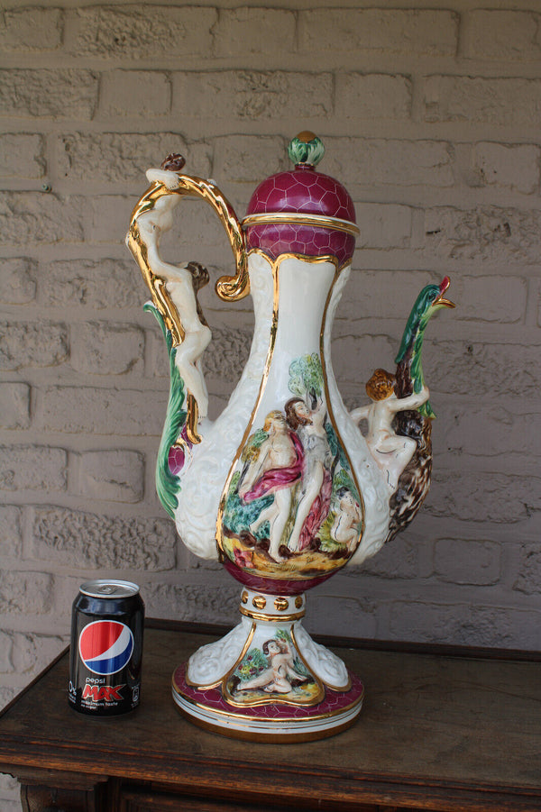 XL capodimonte porcelain marked pitcher ewer swan cherub putti figurine rare