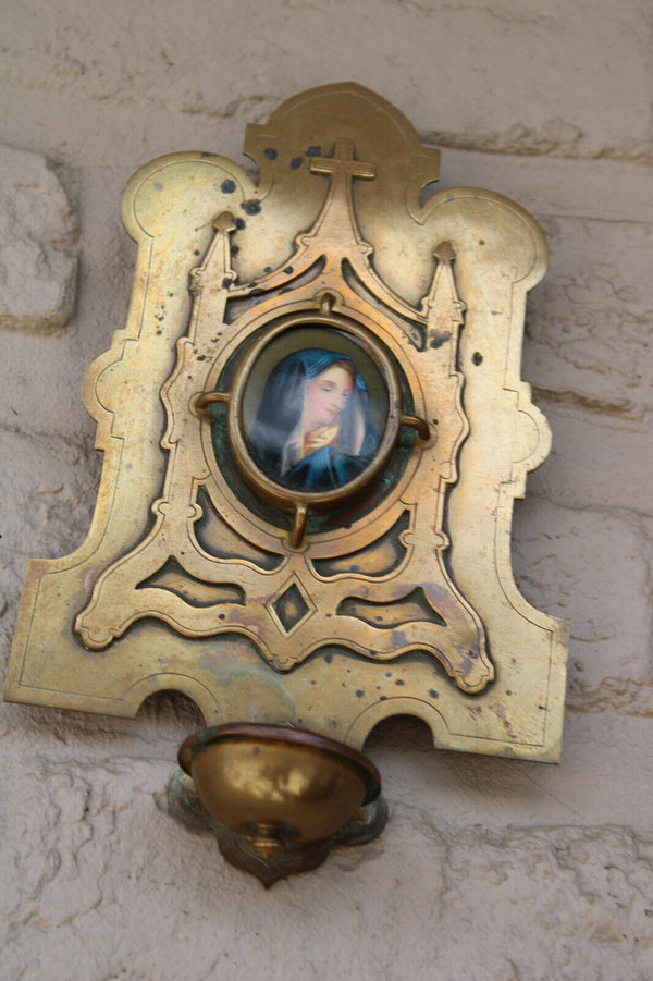 antique brass porcelain hand paint medaillon madonna portrait holy water font