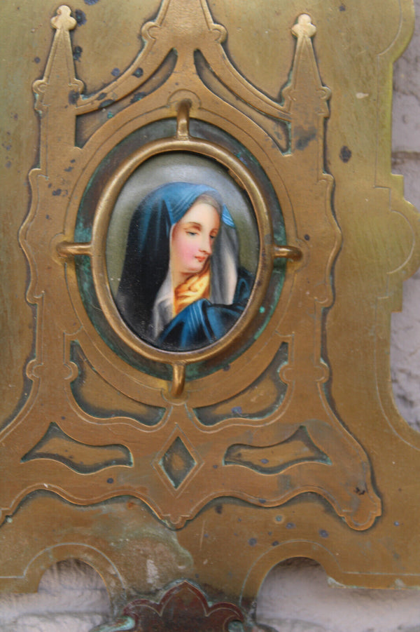 antique brass porcelain hand paint medaillon madonna portrait holy water font