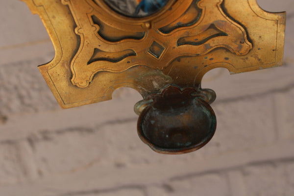 antique brass porcelain hand paint medaillon madonna portrait holy water font