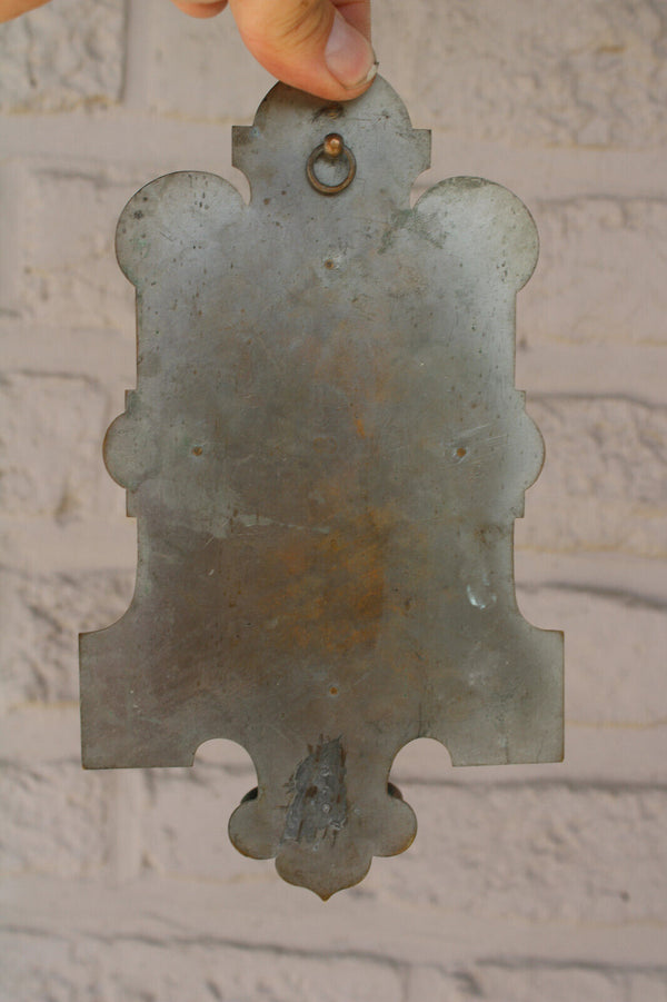 antique brass porcelain hand paint medaillon madonna portrait holy water font