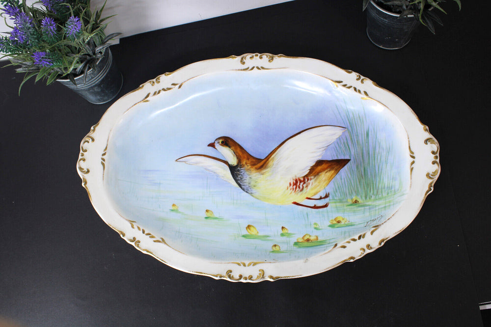 XL Antique LIMOGES marked porcelain hand paint bird tray plate