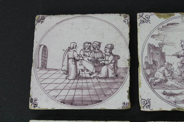 SET 4 Antique DELFT religious scenes manganese pottery tiles 1800s