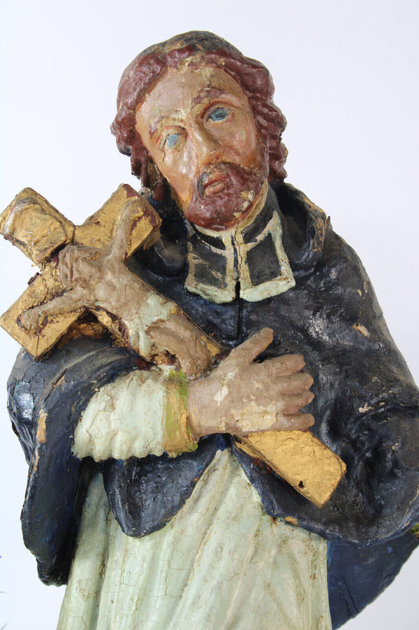 Rare antique John of Nepomuk Wood carved polychrome statue sculpture 18thc