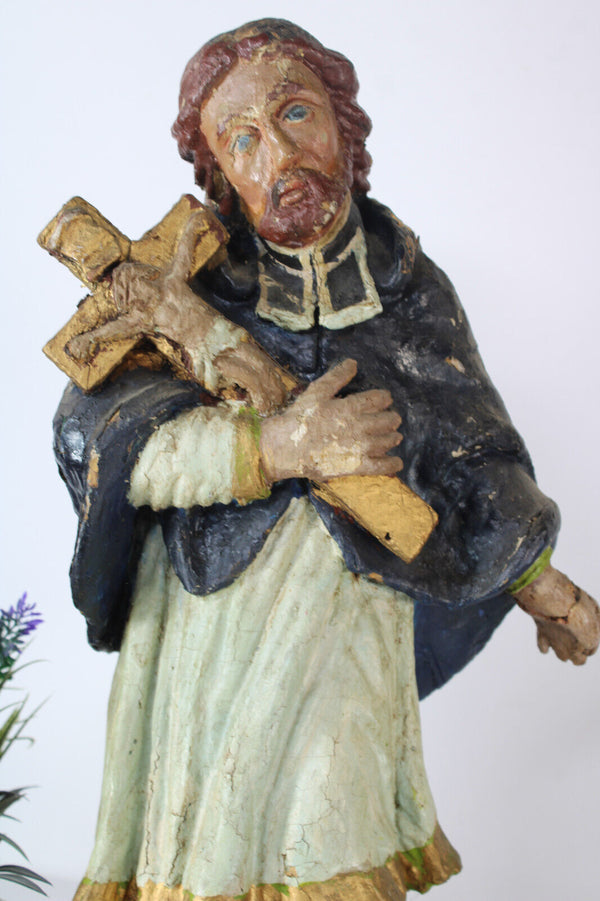 Rare antique John of Nepomuk Wood carved polychrome statue sculpture 18thc