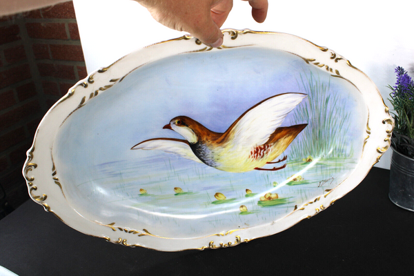 XL Antique LIMOGES marked porcelain hand paint bird tray plate