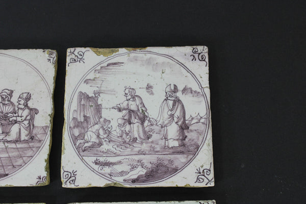 SET 4 Antique DELFT religious scenes manganese pottery tiles 1800s