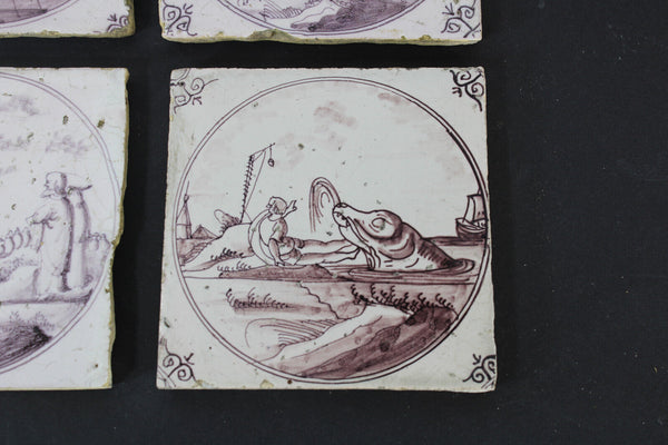 SET 4 Antique DELFT religious scenes manganese pottery tiles 1800s