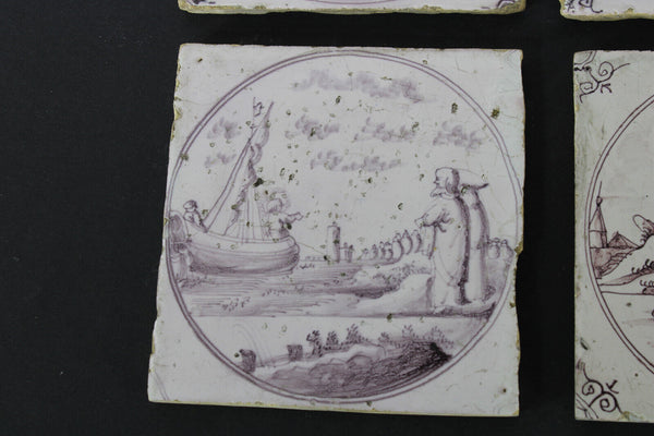 SET 4 Antique DELFT religious scenes manganese pottery tiles 1800s