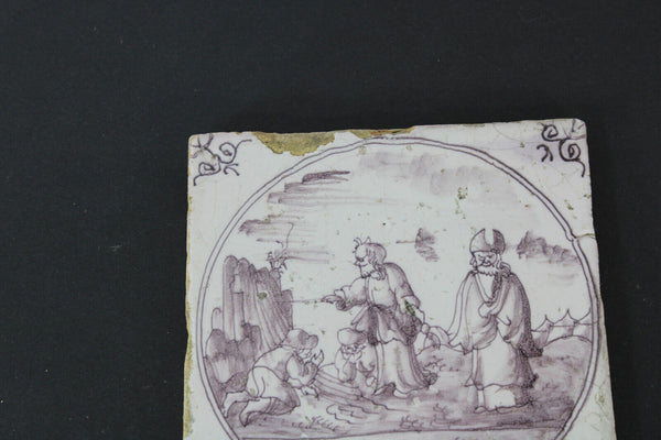 SET 4 Antique DELFT religious scenes manganese pottery tiles 1800s