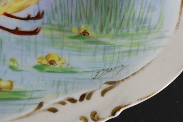 XL Antique LIMOGES marked porcelain hand paint bird tray plate