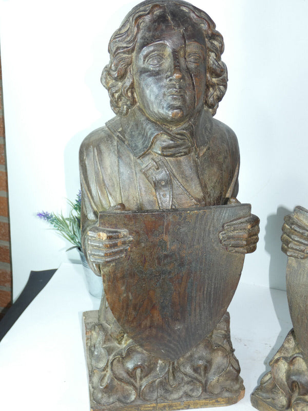 PAIR 1800s Neo gothic wood carved bust statue sculpture coat of arms religious