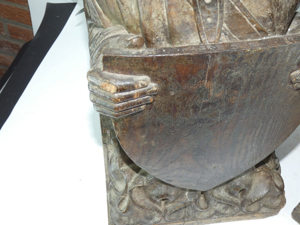 PAIR 1800s Neo gothic wood carved bust statue sculpture coat of arms religious