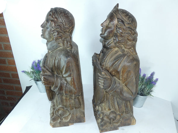 PAIR 1800s Neo gothic wood carved bust statue sculpture coat of arms religious