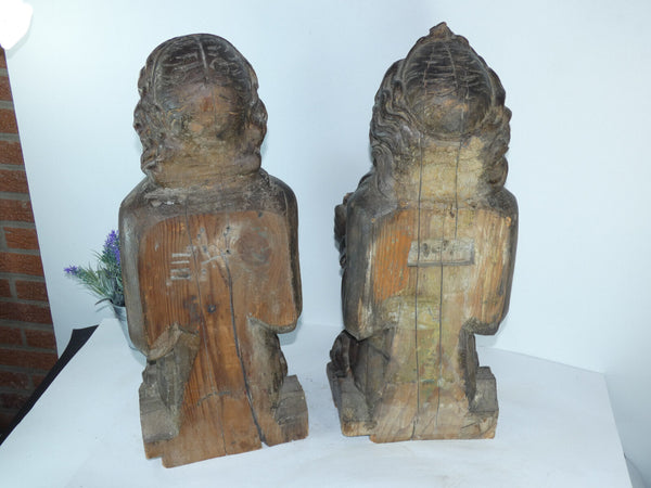 PAIR 1800s Neo gothic wood carved bust statue sculpture coat of arms religious