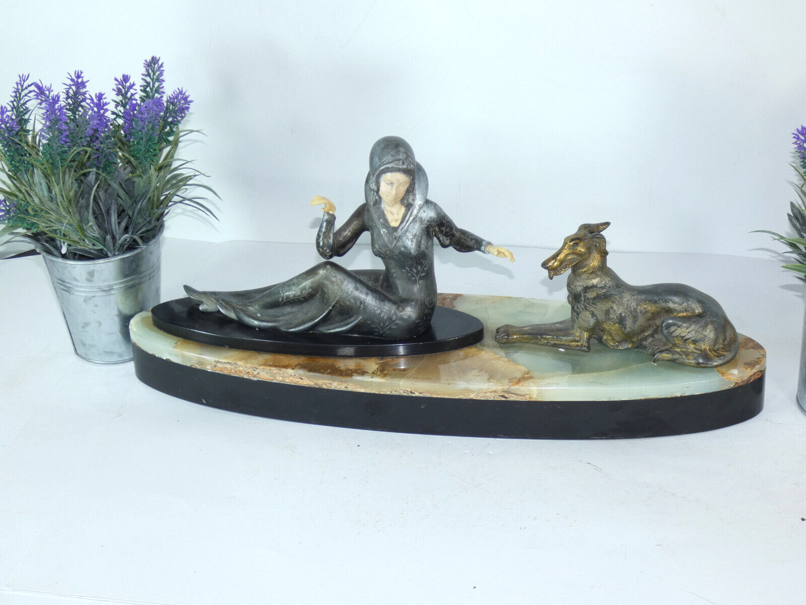 Antique art deco marble spelter lady dog barzoi  sculpture statue