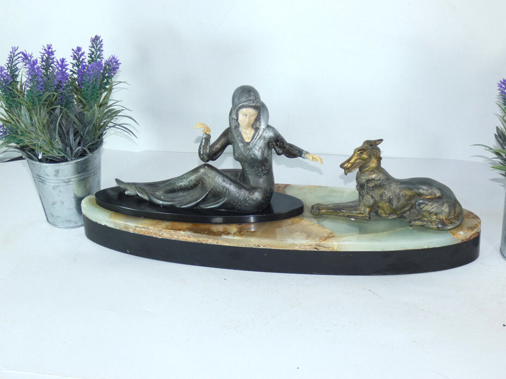 Antique art deco marble spelter lady dog barzoi  sculpture statue