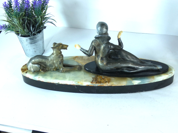 Antique art deco marble spelter lady dog barzoi  sculpture statue