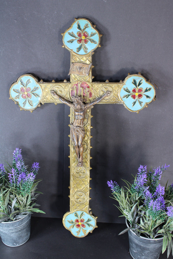 Antique MEtal enamel Wood crucifix rare