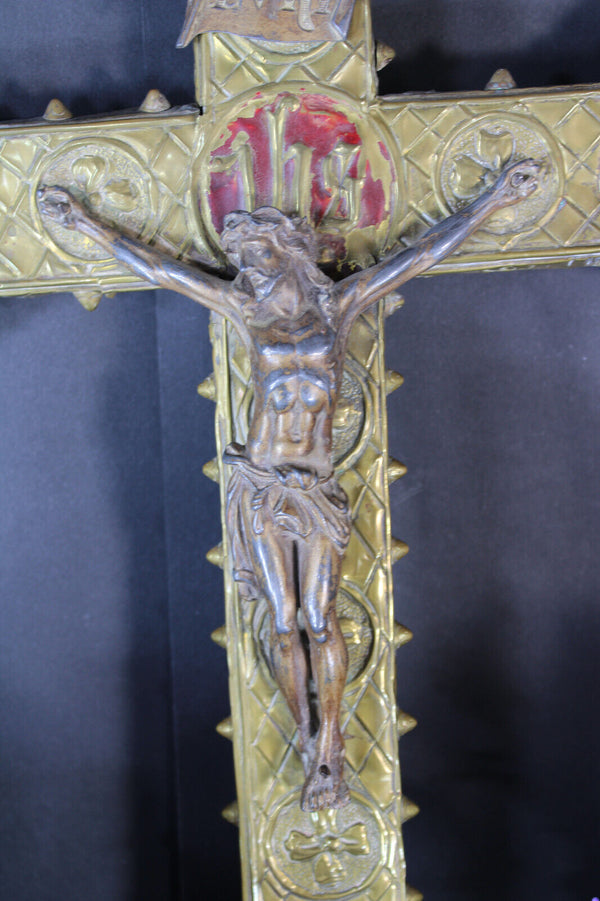 Antique MEtal enamel Wood crucifix rare