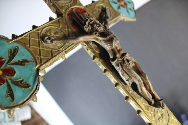 Antique MEtal enamel Wood crucifix rare