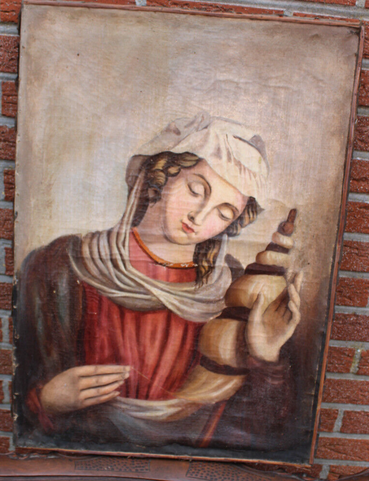 Antique 19thc oil canvas painting SAINT joan of arc banner religious rare