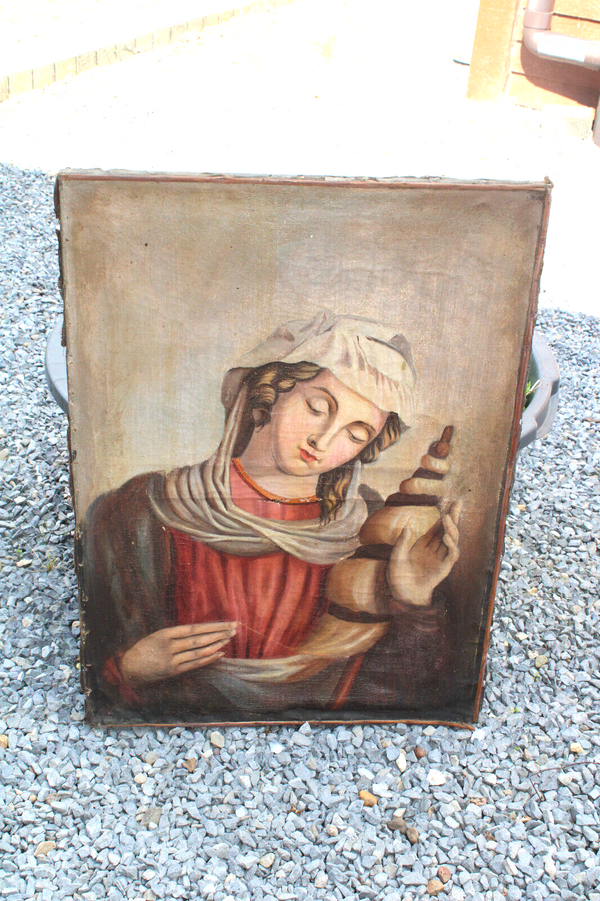 Antique 19thc oil canvas painting SAINT joan of arc banner religious rare