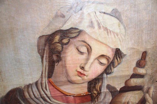 Antique 19thc oil canvas painting SAINT joan of arc banner religious rare