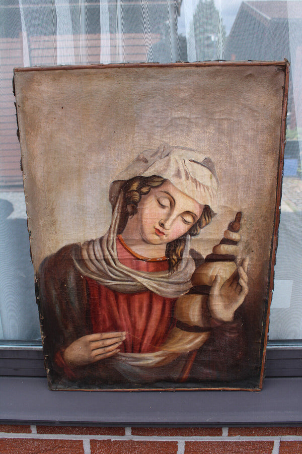 Antique 19thc oil canvas painting SAINT joan of arc banner religious rare