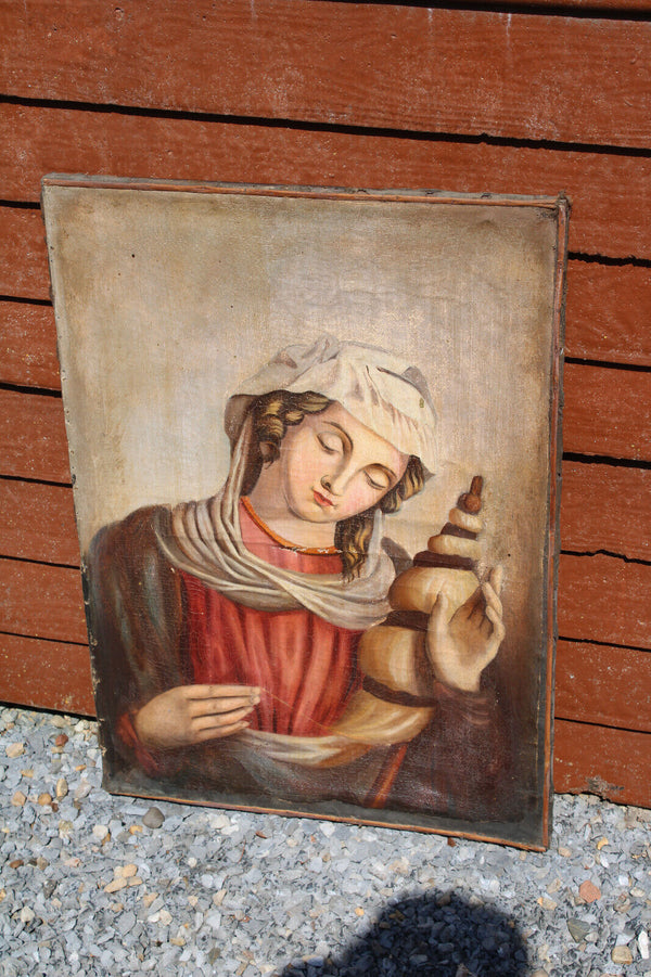 Antique 19thc oil canvas painting SAINT joan of arc banner religious rare