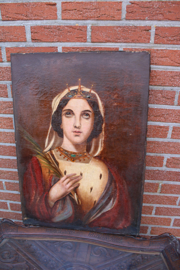 Antique 19thc oil canvas painting SAINT URSULA martyrs palm leaf rare religious