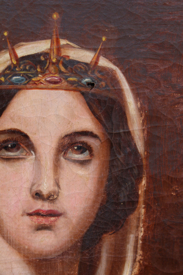 Antique 19thc oil canvas painting SAINT URSULA martyrs palm leaf rare religious