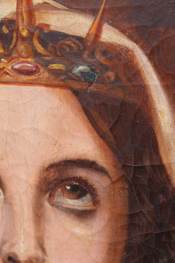 Antique 19thc oil canvas painting SAINT URSULA martyrs palm leaf rare religious