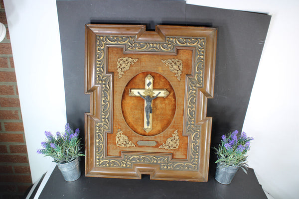 Antique Flemish wood carved frame crucifix plaque panel religious