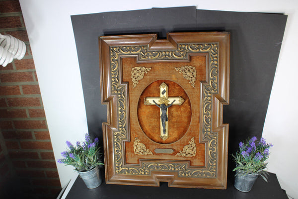Antique Flemish wood carved frame crucifix plaque panel religious