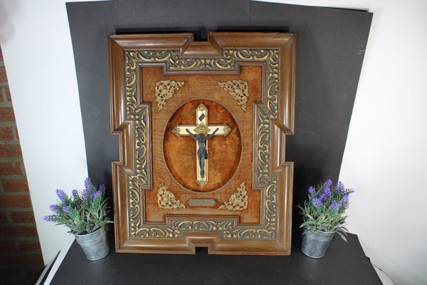 Antique Flemish wood carved frame crucifix plaque panel religious