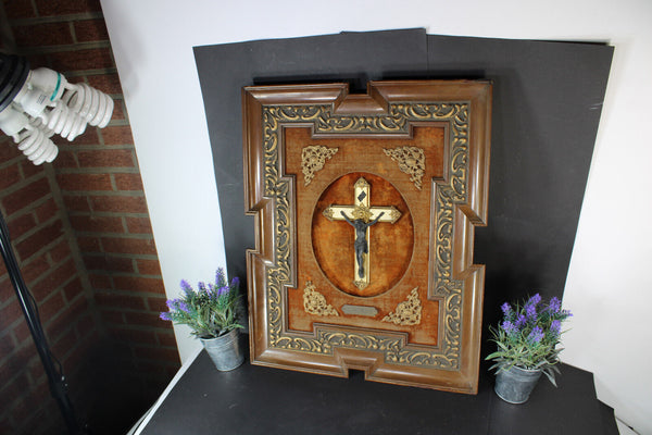 Antique Flemish wood carved frame crucifix plaque panel religious