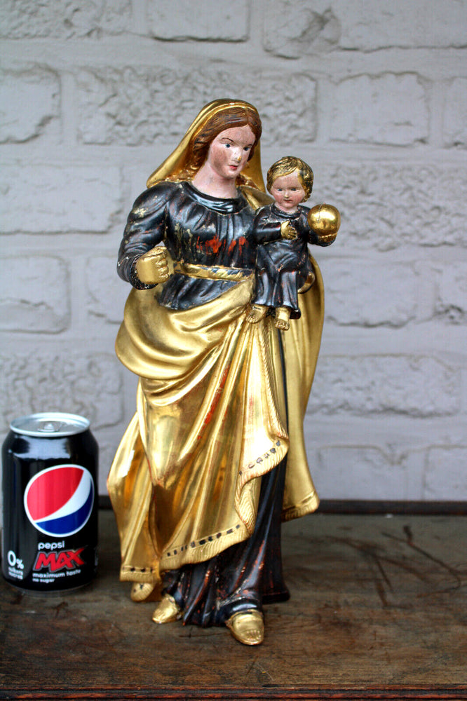 Antique 19thc Wood carved polychrome gold gilt Madonna child statue religious
